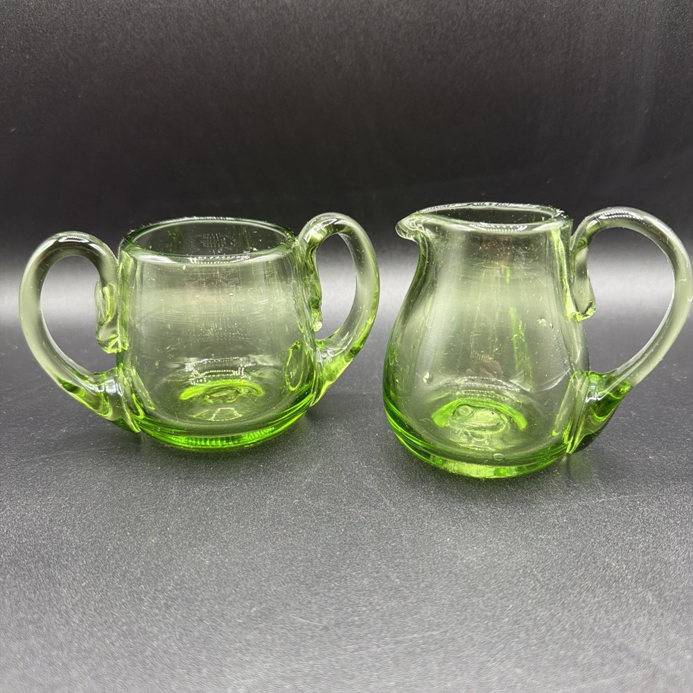 Vintage Hand-blown Green Glass Creamer & Sugar Bowl, Farmhouse Cottagecore